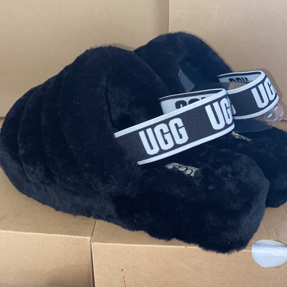 UGG Black Fluff Yeah Slide with Branded Elastic Strap